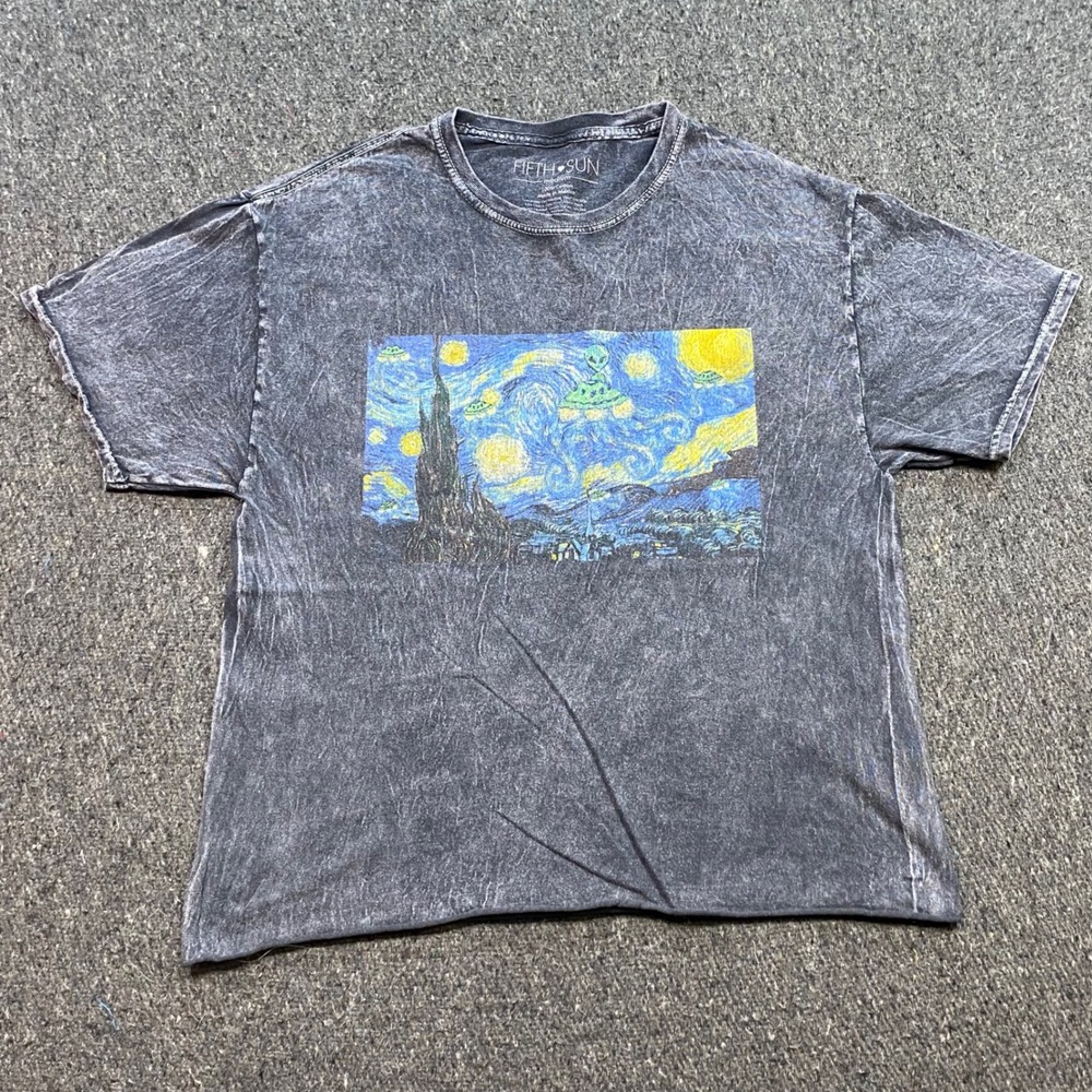 Fifth Sun Starry Night Alien UFO TShirt Sz M Mens Gray Acid Wash Skater Art